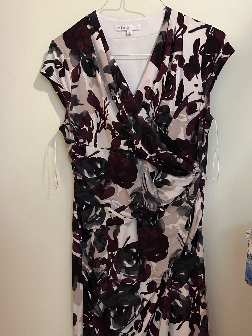 Cleo Floral Faux-Wrap Midi Dress in Burgundy, Black and Cream